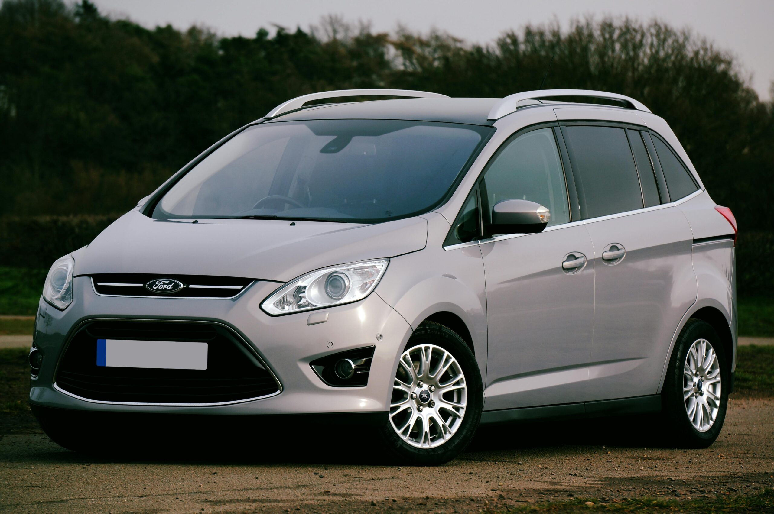A silver Ford C-Max parked outdoors against a natural backdrop.